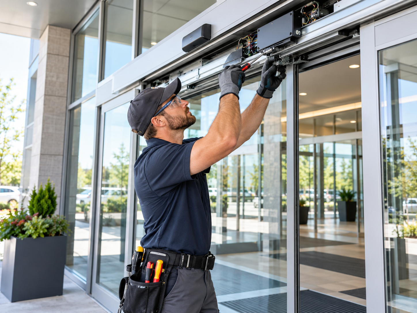 Commercial door technician working on an entrance system